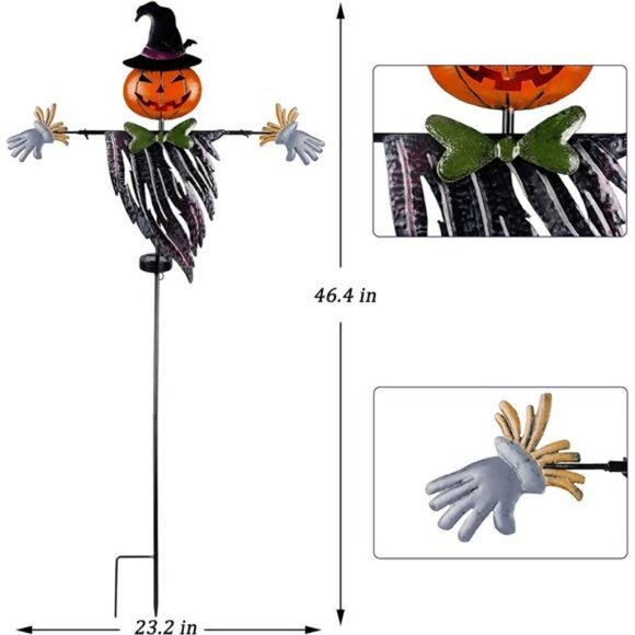 Halloween Yard Stake, 46.4" Solar Lighted Metal Pumpkin Head - Picture 2 of 8
